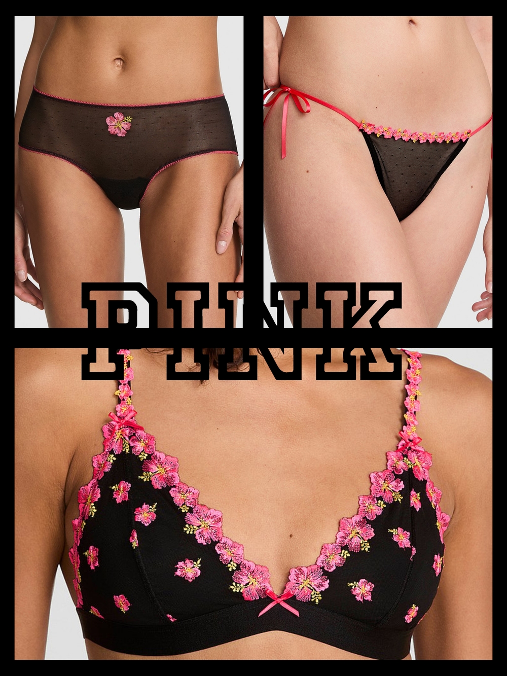 NWT PINK Wink Unlined Triangle Bralette, V- String  & Cheeky Panty Set